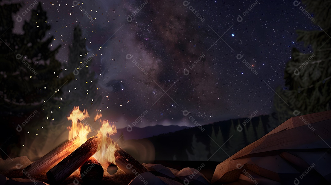 Uma aconchegante fogueira crepitando sob um céu noturno estrelado