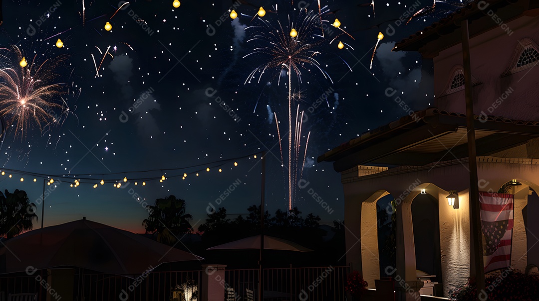 Uma celebração festiva de 4 de julho com fogos de artifício iluminando o céu noturno