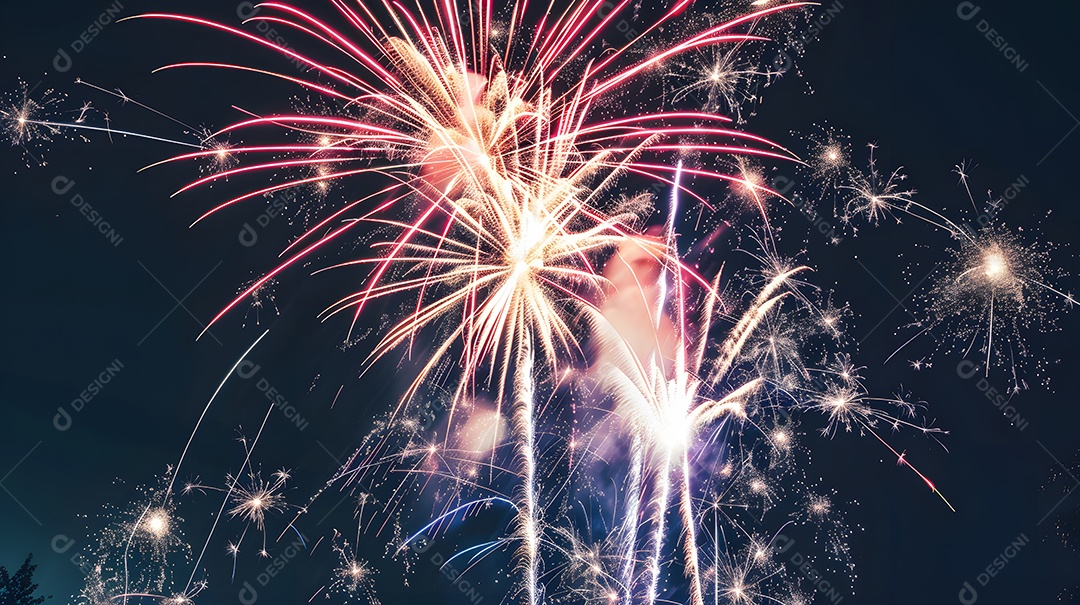 Uma celebração festiva de 4 de julho com fogos de artifício iluminando o céu noturno