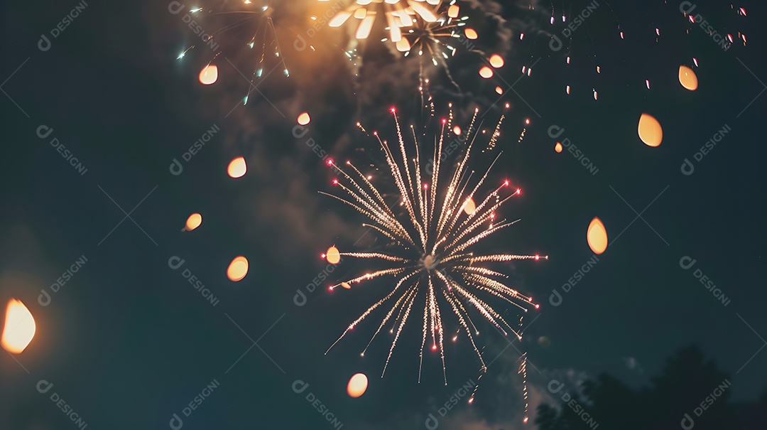 Uma celebração festiva de 4 de julho com fogos de artifício iluminando o céu noturno