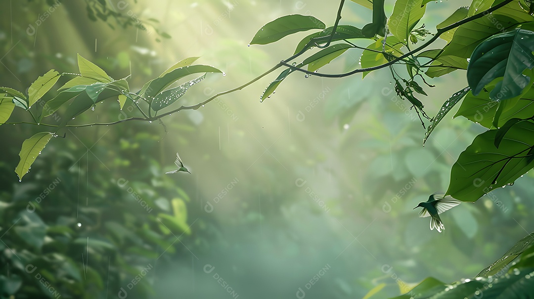 Uma manhã enevoada em uma floresta tranquila com folhas orvalhadas
