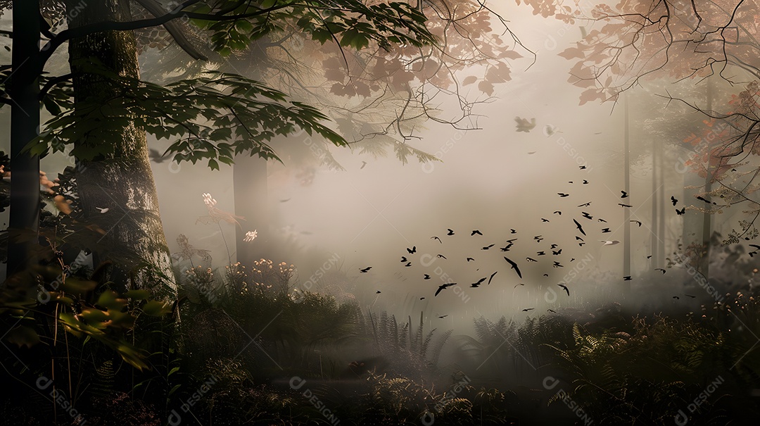 Uma manhã enevoada em uma floresta tranquila com folhas orvalhadas