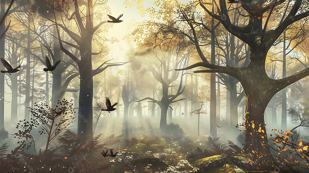 Uma manhã enevoada em uma floresta tranquila com folhas orvalhadas