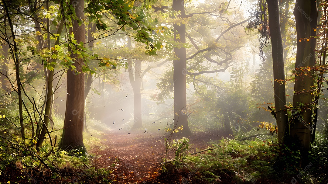 Uma manhã enevoada em uma floresta tranquila com folhas orvalhadas