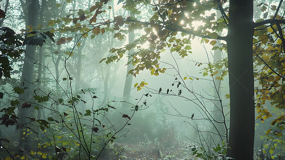Uma manhã enevoada em uma floresta tranquila com folhas orvalhadas