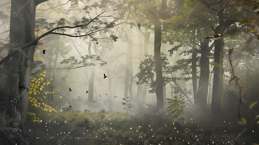 Uma manhã enevoada em uma floresta tranquila com folhas orvalhadas