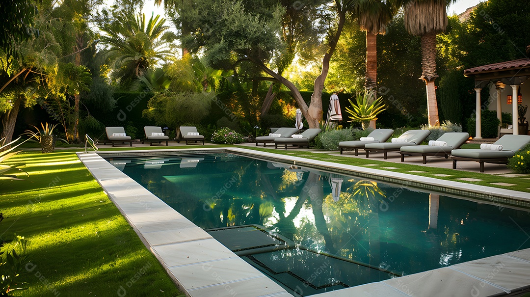 Um oásis tranquilo no quintal com piscina cintilante e espreguiçadeiras