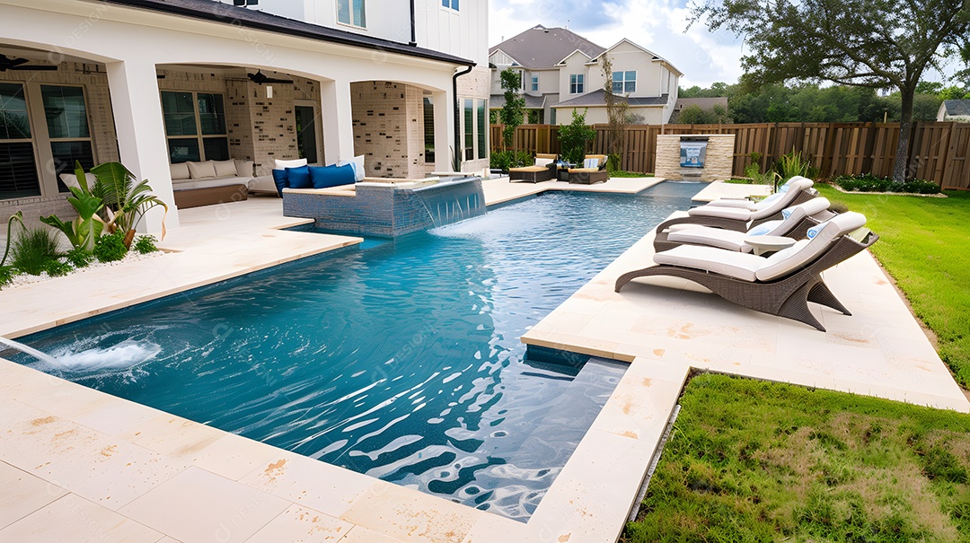 Um oásis tranquilo no quintal com piscina cintilante e espreguiçadeiras