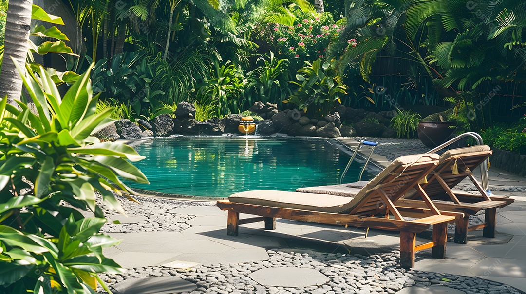 Um oásis tranquilo no quintal com piscina cintilante e espreguiçadeiras