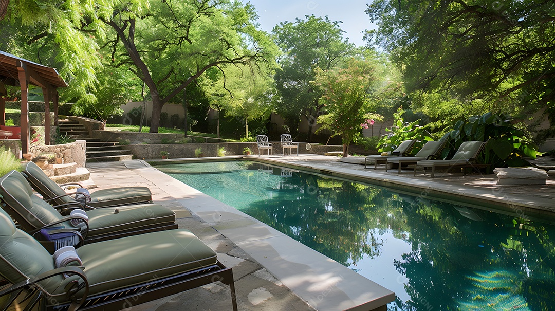 Um oásis tranquilo no quintal com piscina cintilante e espreguiçadeiras