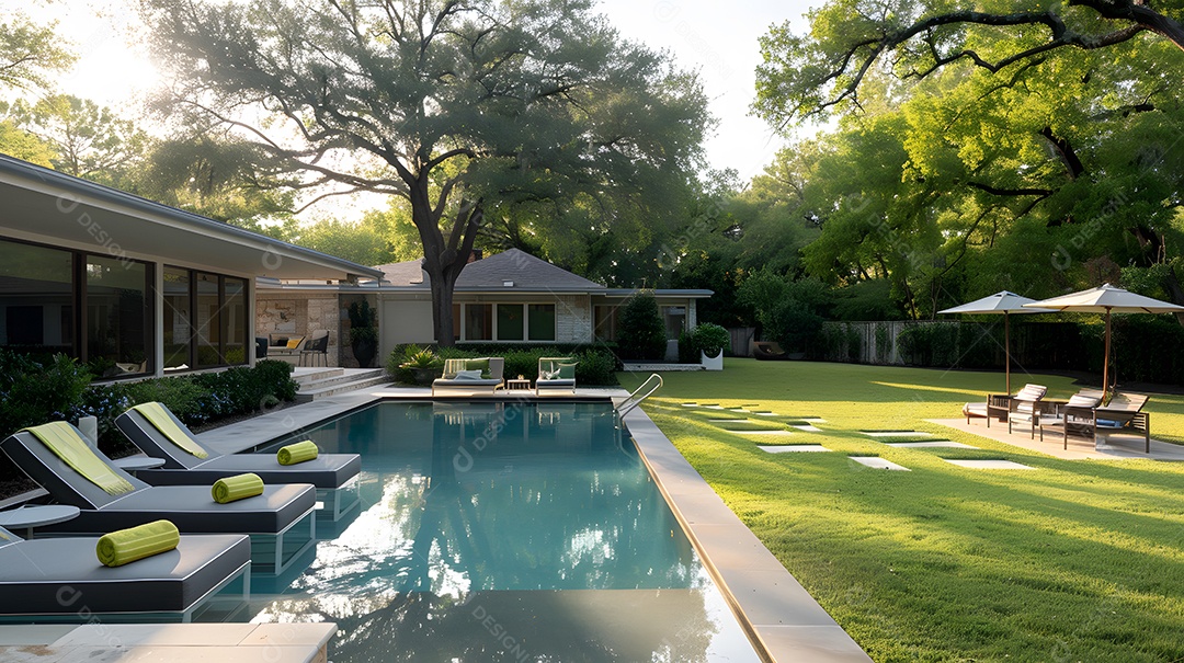 Um oásis tranquilo no quintal com piscina cintilante e espreguiçadeiras
