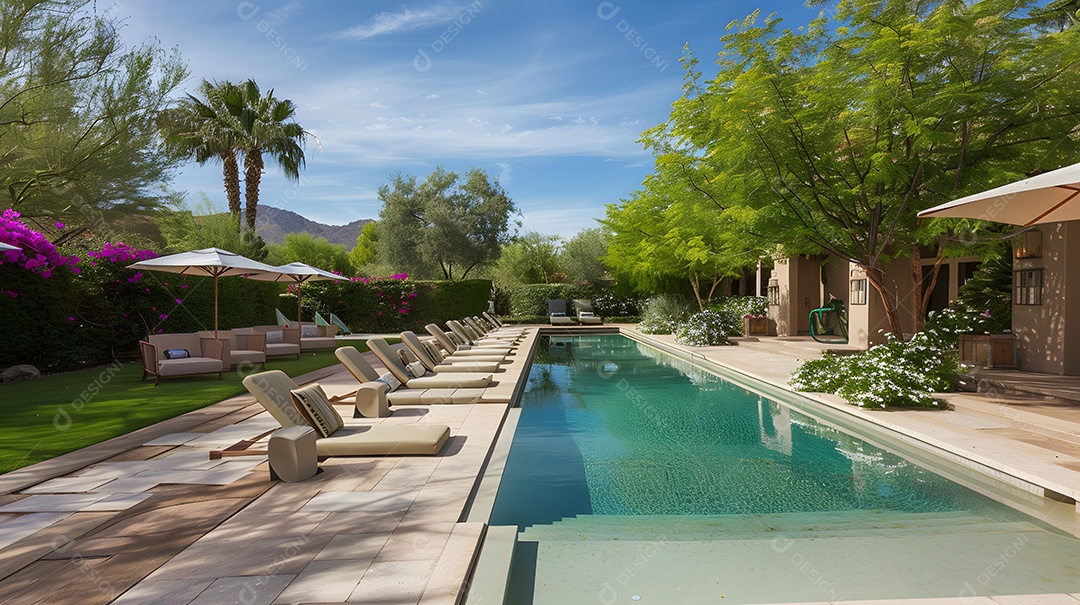 Um oásis tranquilo no quintal com piscina cintilante e espreguiçadeiras
