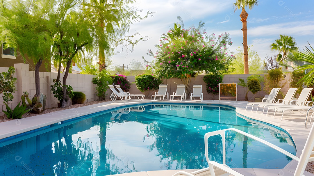Um oásis tranquilo no quintal com piscina cintilante e espreguiçadeiras