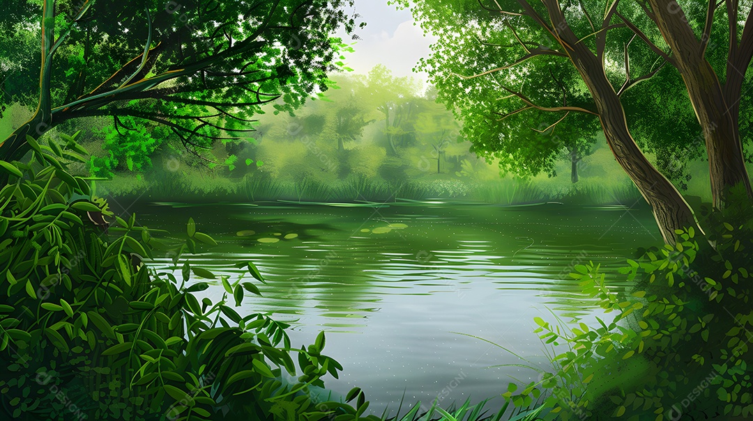 Um lago tranquilo cercado por exuberantes florestas verdes