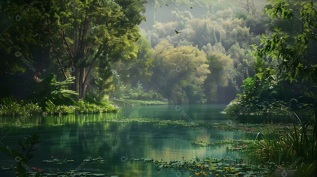 Um lago tranquilo cercado por exuberantes florestas verdes