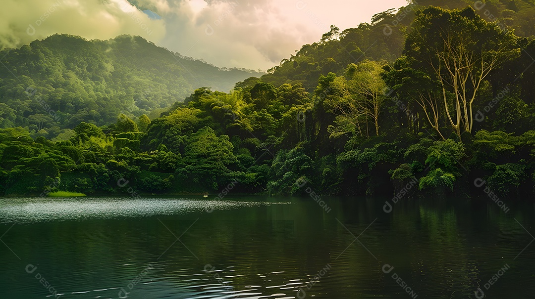 Um lago tranquilo cercado por exuberantes florestas verdes