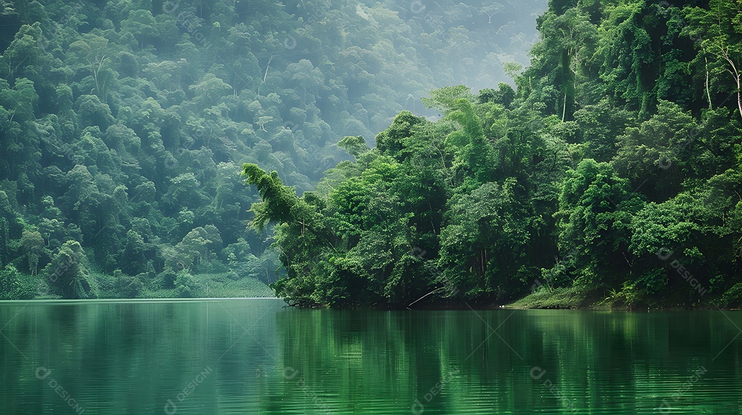 Um lago tranquilo cercado por exuberantes florestas verdes
