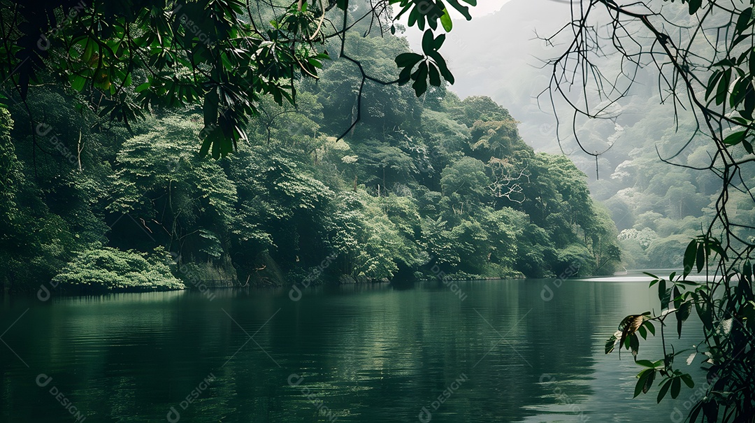 Um lago tranquilo cercado por exuberantes florestas verdes