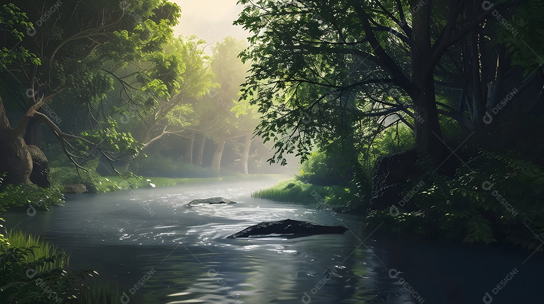 Um rio tranquilo fluindo através de uma floresta tranquila