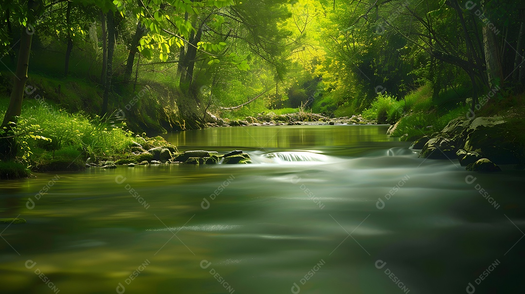 Um rio tranquilo fluindo através de uma floresta tranquila