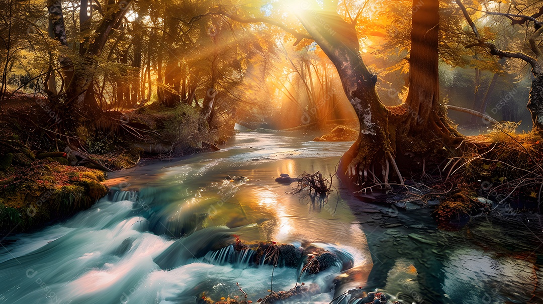 Um rio tranquilo fluindo através de uma floresta tranquila