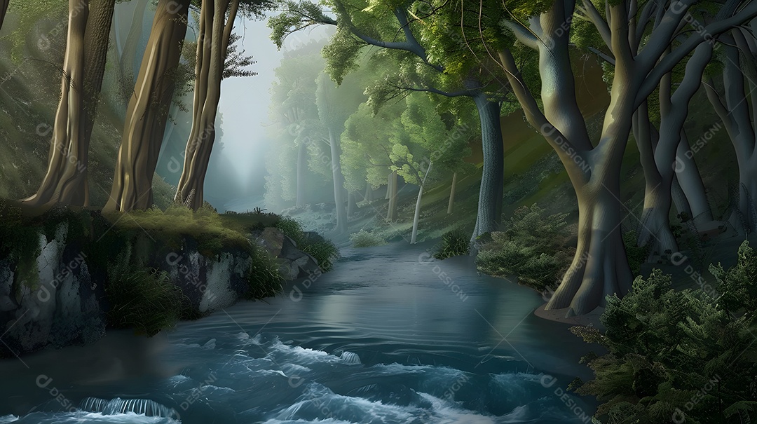 Um rio tranquilo fluindo através de uma floresta tranquila