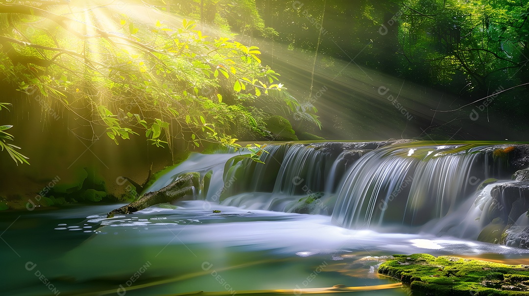 Um rio tranquilo fluindo através de uma floresta tranquila