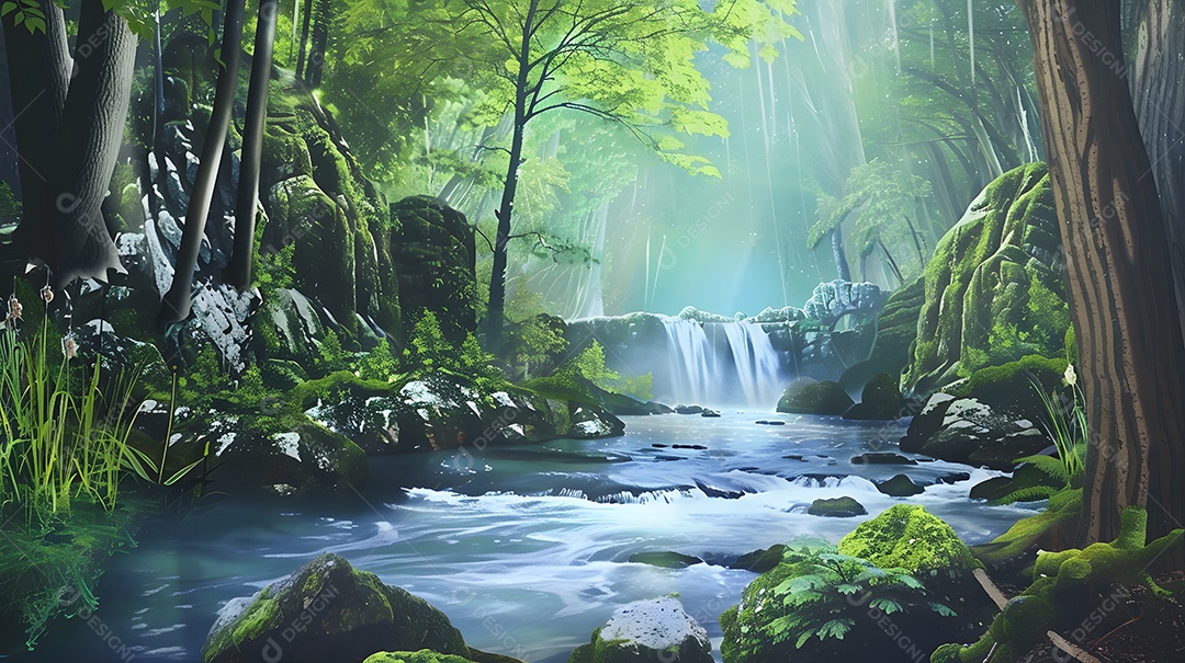 Um rio tranquilo fluindo através de uma floresta tranquila