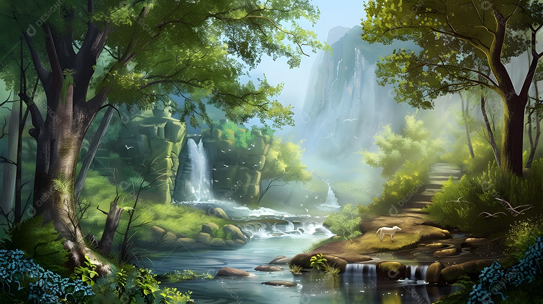 Um rio tranquilo fluindo através de uma floresta tranquila