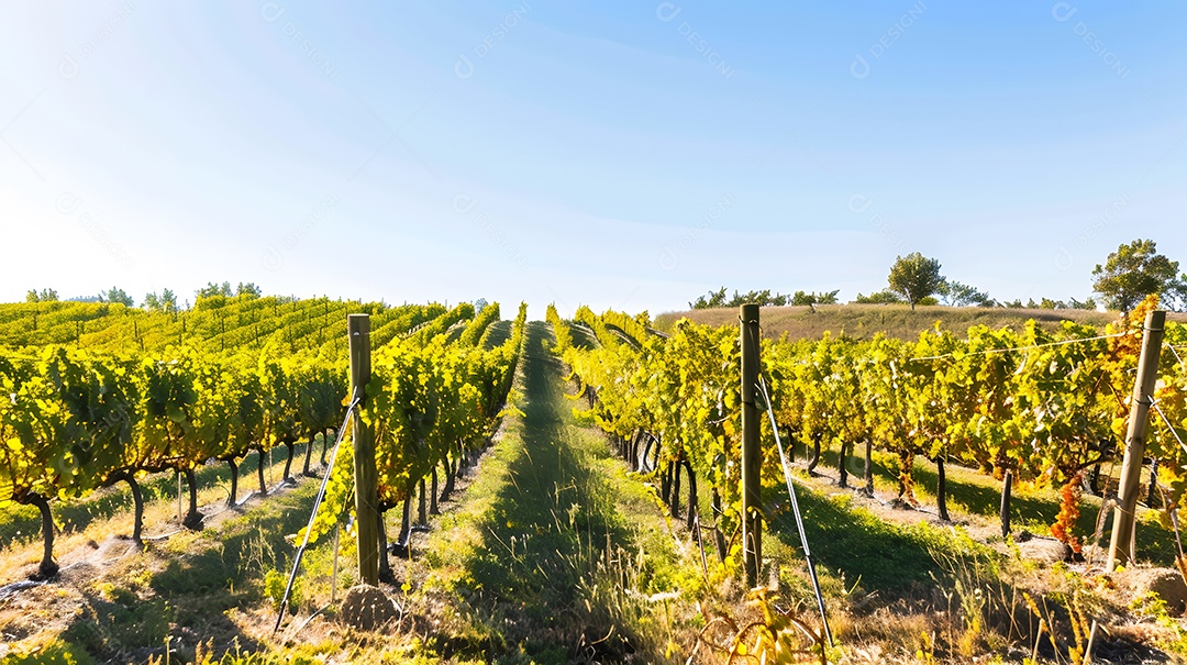 Um vinhedo pitoresco com fileiras de videiras que se estendem ao longe