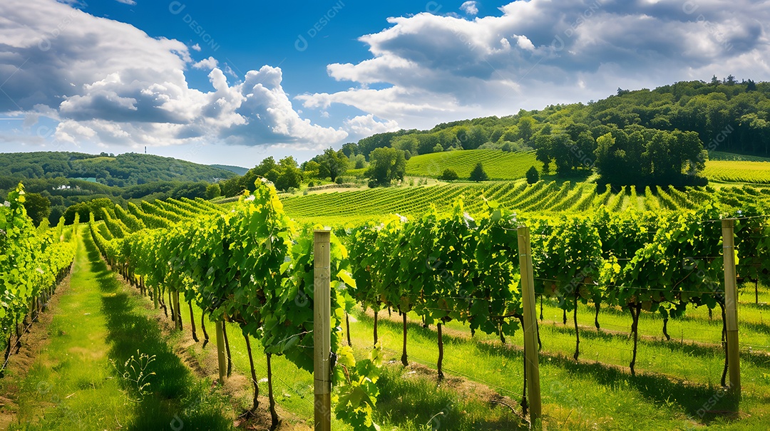 Um vinhedo pitoresco com fileiras de videiras que se estendem ao longe