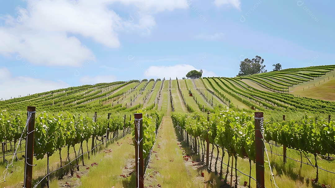 Um vinhedo pitoresco com fileiras de videiras que se estendem ao longe