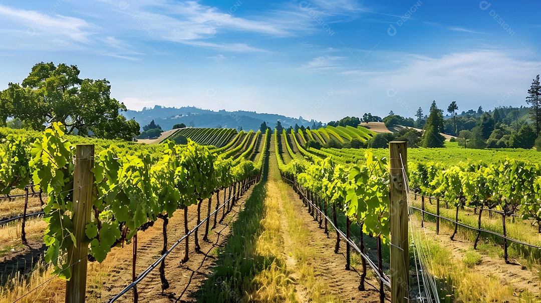 Um vinhedo pitoresco com fileiras de videiras que se estendem ao longe