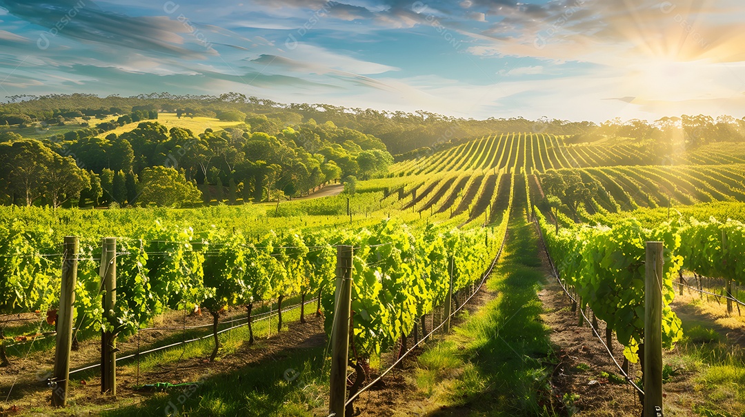 Um vinhedo pitoresco com fileiras de videiras que se estendem ao longe