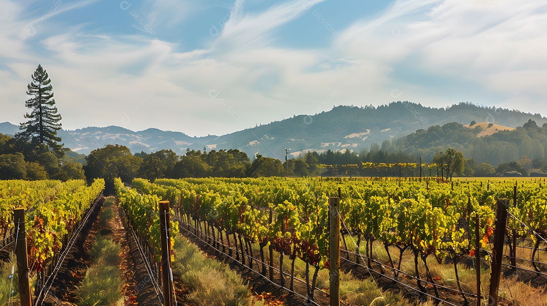 Um vinhedo pitoresco com fileiras de videiras que se estendem ao longe