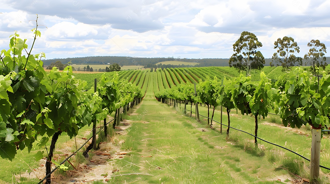 Um vinhedo pitoresco com fileiras de videiras que se estendem ao longe