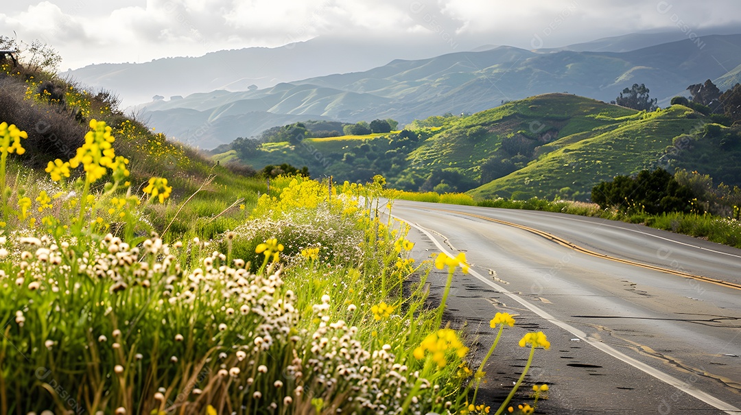 Um passeio panorâmico por colinas repletas de flores silvestres