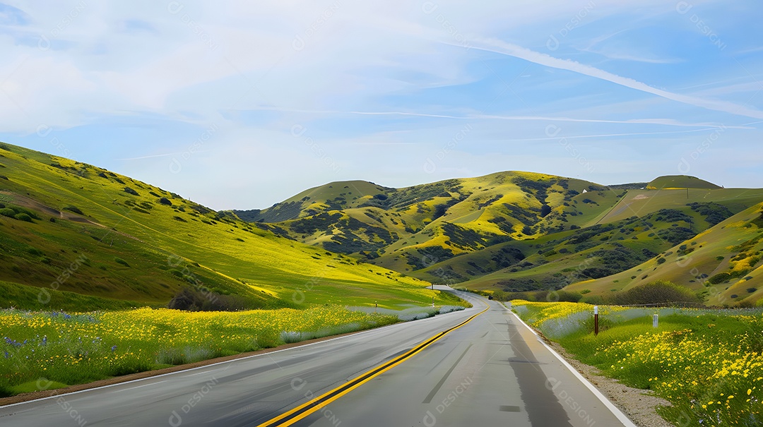 Um passeio panorâmico por colinas repletas de flores silvestres