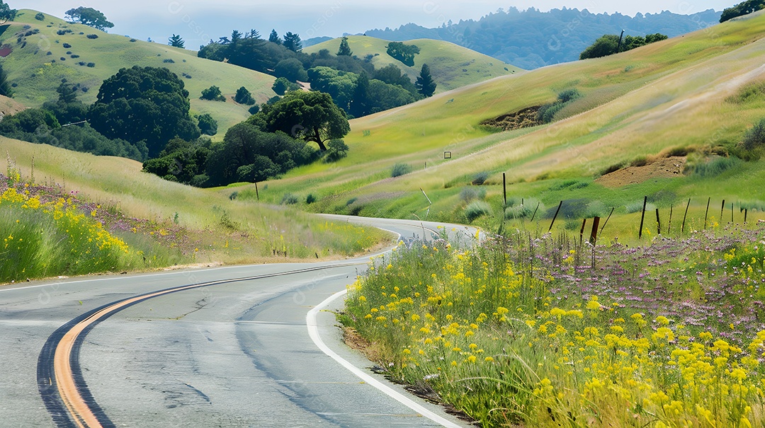 Um passeio panorâmico por colinas repletas de flores silvestres