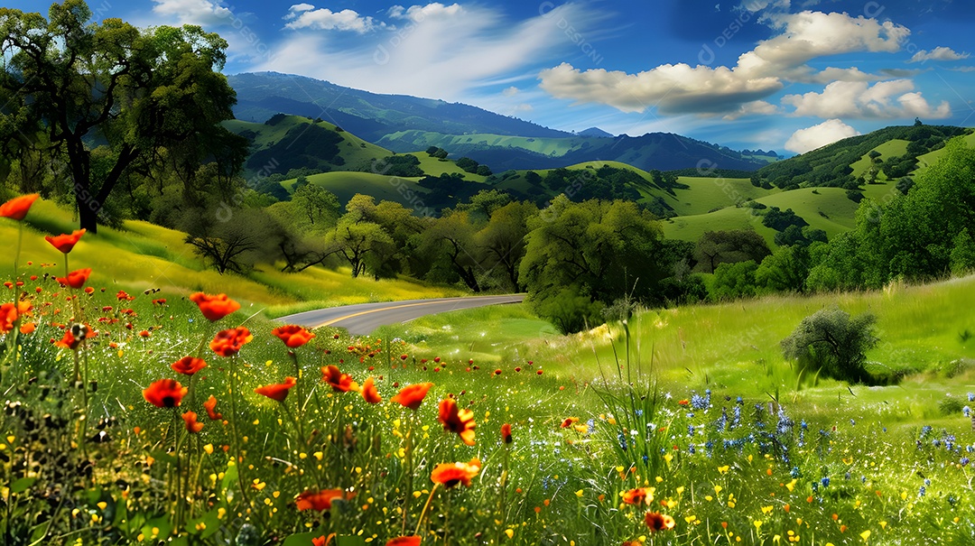 Um passeio panorâmico por colinas repletas de flores silvestres