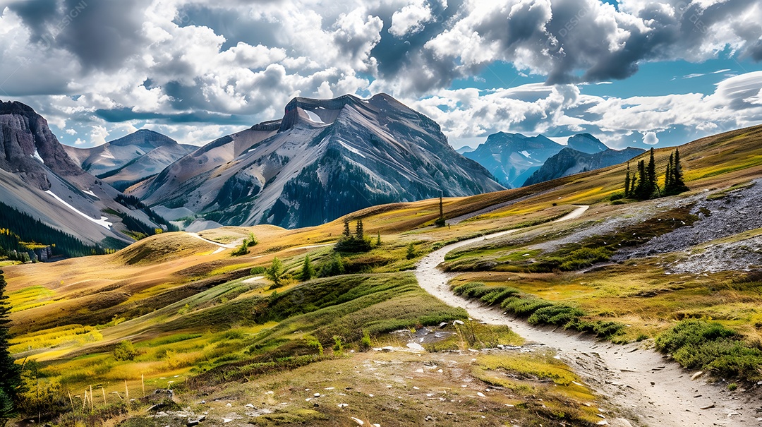 Uma trilha pitoresca para caminhadas que serpenteia por uma paisagem montanhosa