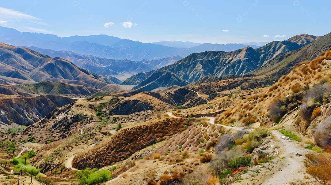 Uma trilha pitoresca para caminhadas que serpenteia por uma paisagem montanhosa