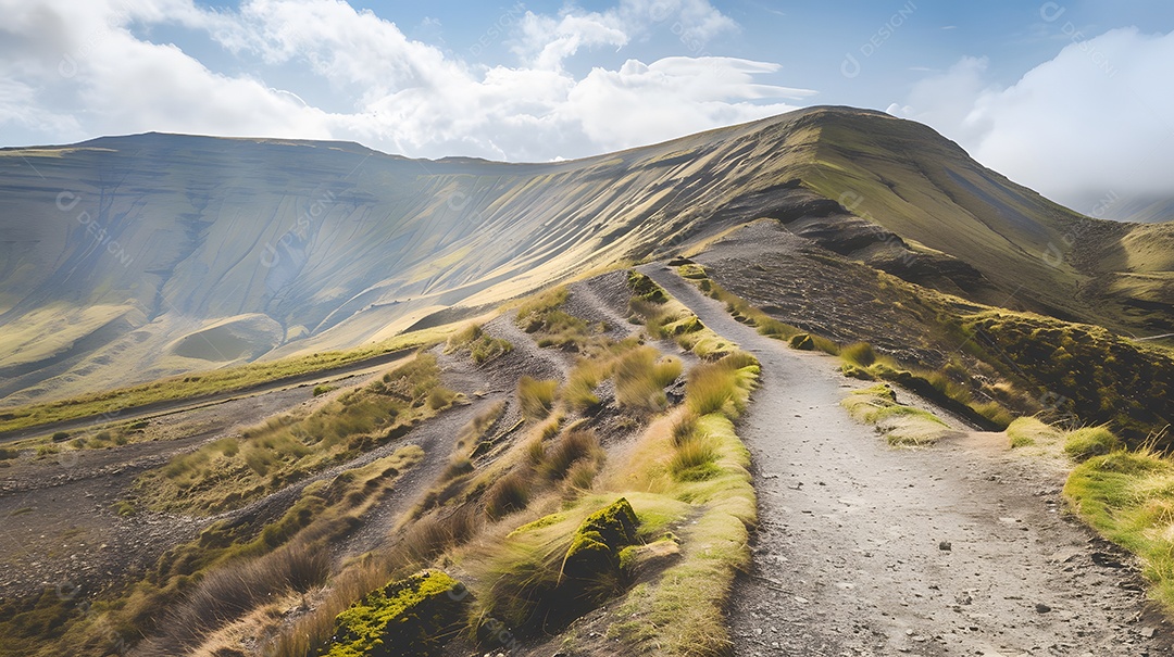 Uma trilha pitoresca para caminhadas que serpenteia por uma paisagem montanhosa