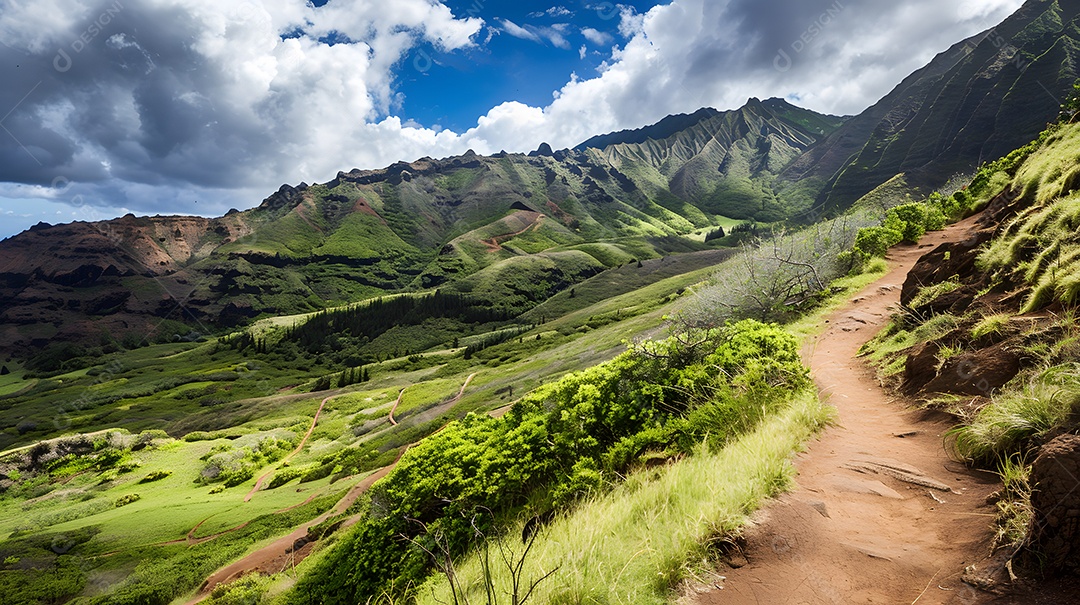 Uma trilha pitoresca para caminhadas que serpenteia por uma paisagem montanhosa