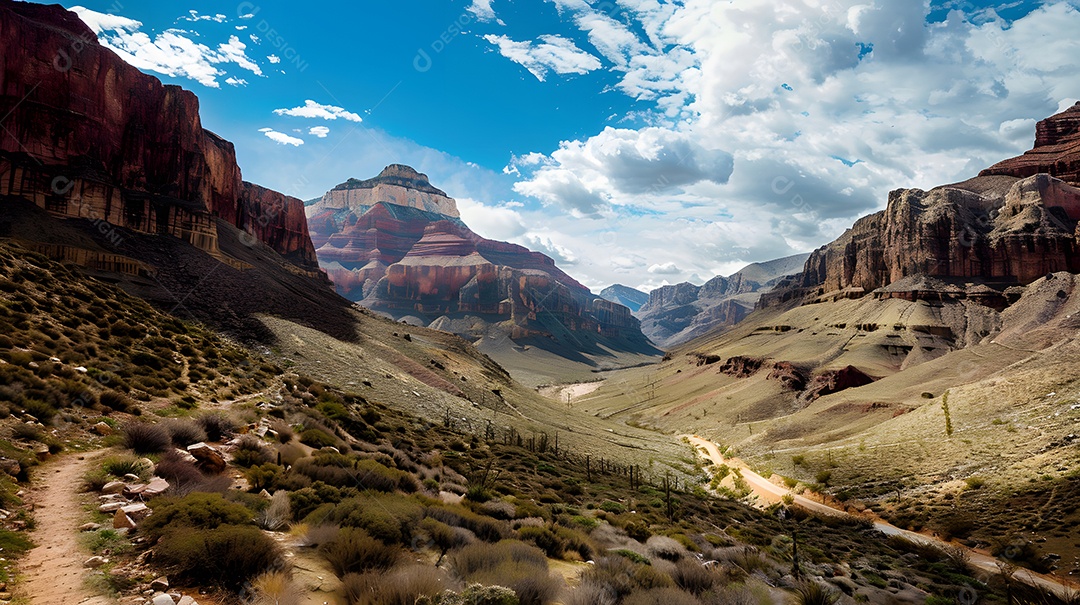 Uma trilha pitoresca para caminhadas que serpenteia por uma paisagem montanhosa