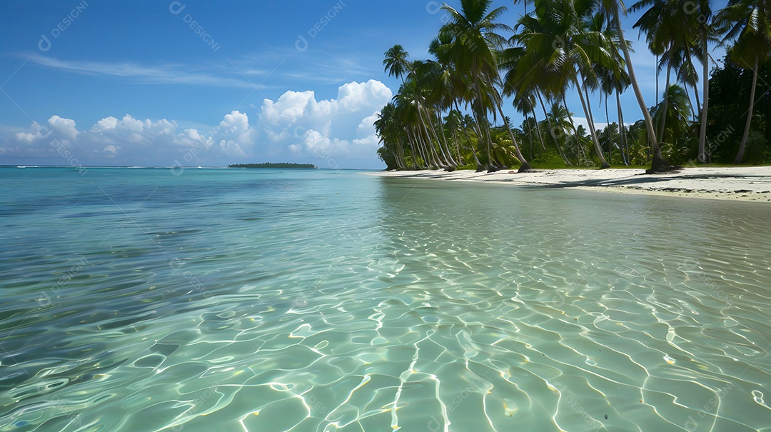 Uma cena de praia serena com águas cristalinas e palmeiras balançando ao sabor da brisa