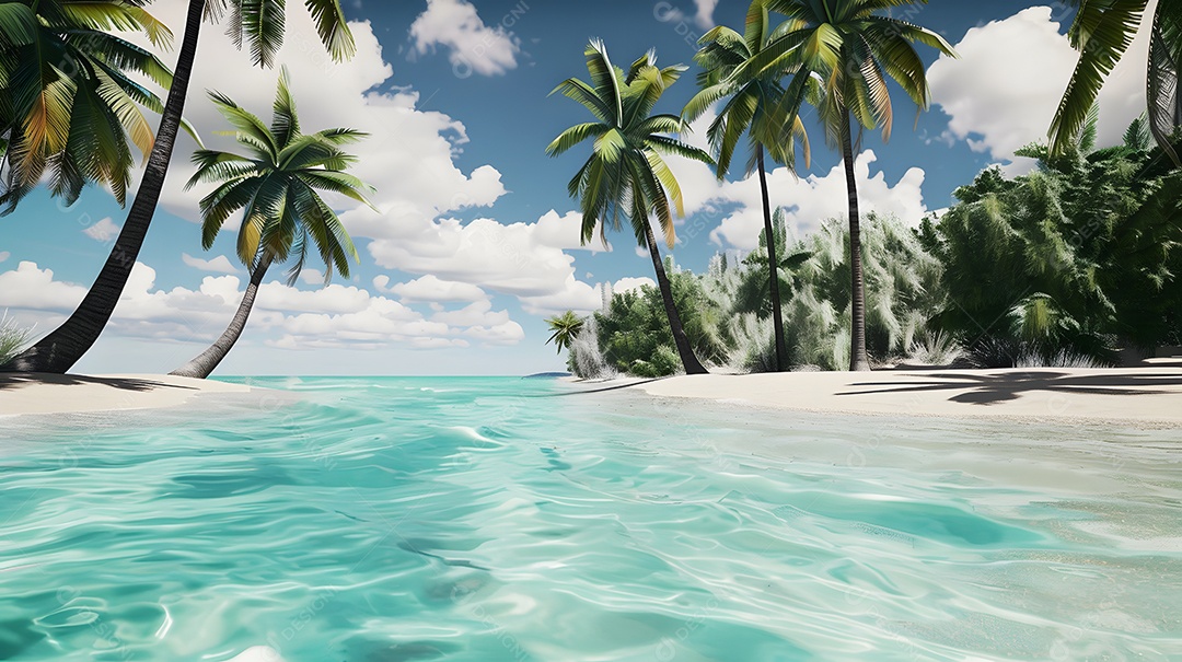 Uma cena de praia serena com águas cristalinas e palmeiras balançando ao sabor da brisa