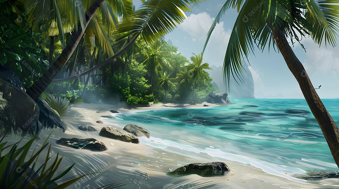 Uma cena de praia serena com ondas suaves batendo na costa