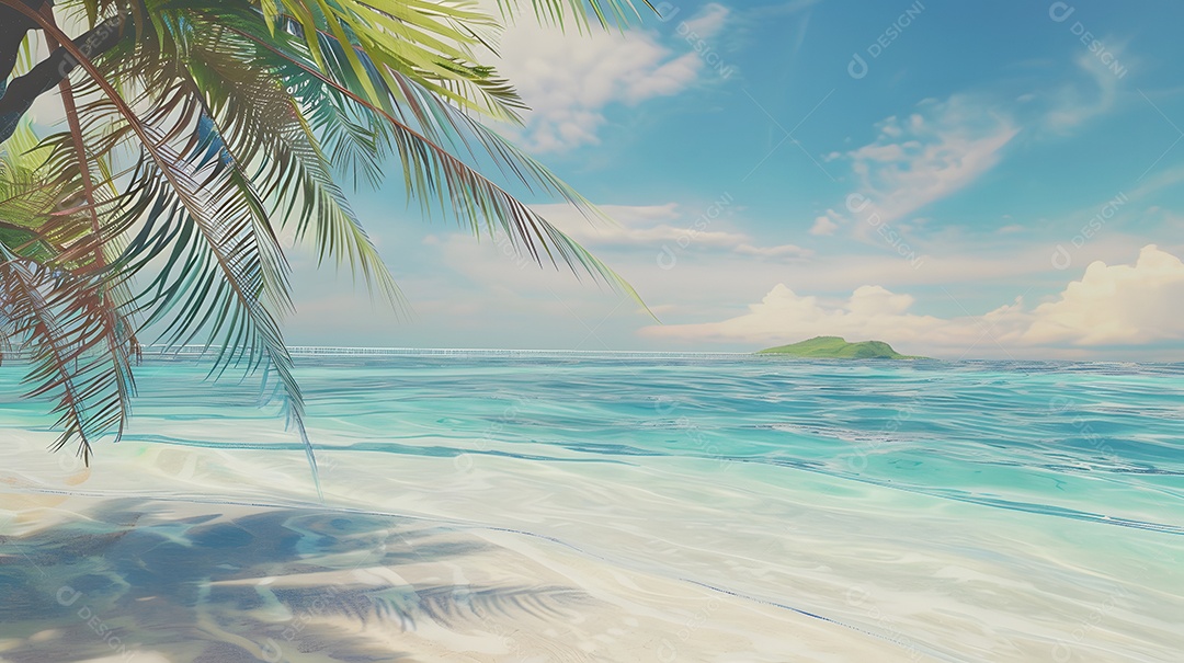 Uma cena de praia serena com ondas suaves batendo na costa