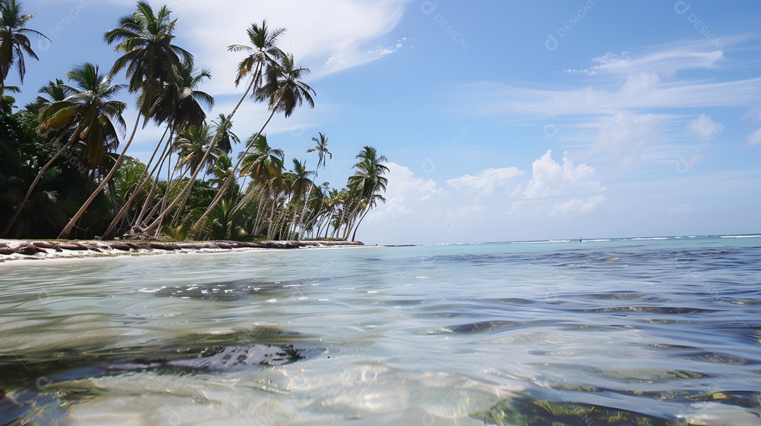 Uma cena de praia serena com águas cristalinas e palmeiras balançando ao sabor da brisa